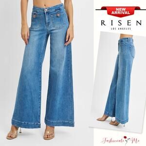 RISEN Mid Rise Front Patch Pocket Zipper Fly Medium Wash Wide Leg Denim Jeans